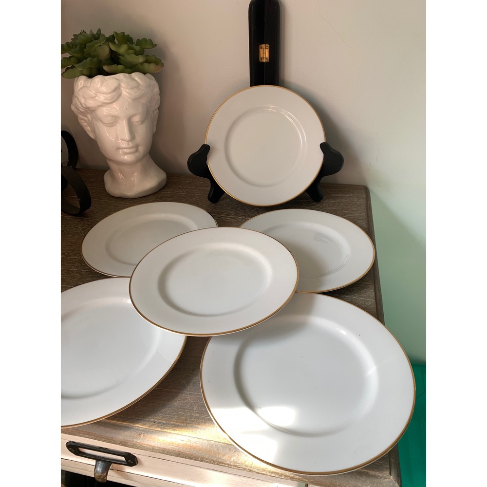 Tiffany & Co White Gold Rim Porcelain Salad Dessert Plates Set of 6 7.5 Inch